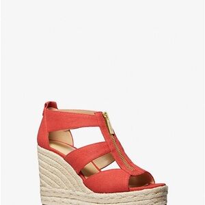 Michael Kors Coral Cutout Canvas Espadrille Wedge Sandals with Gold Zip